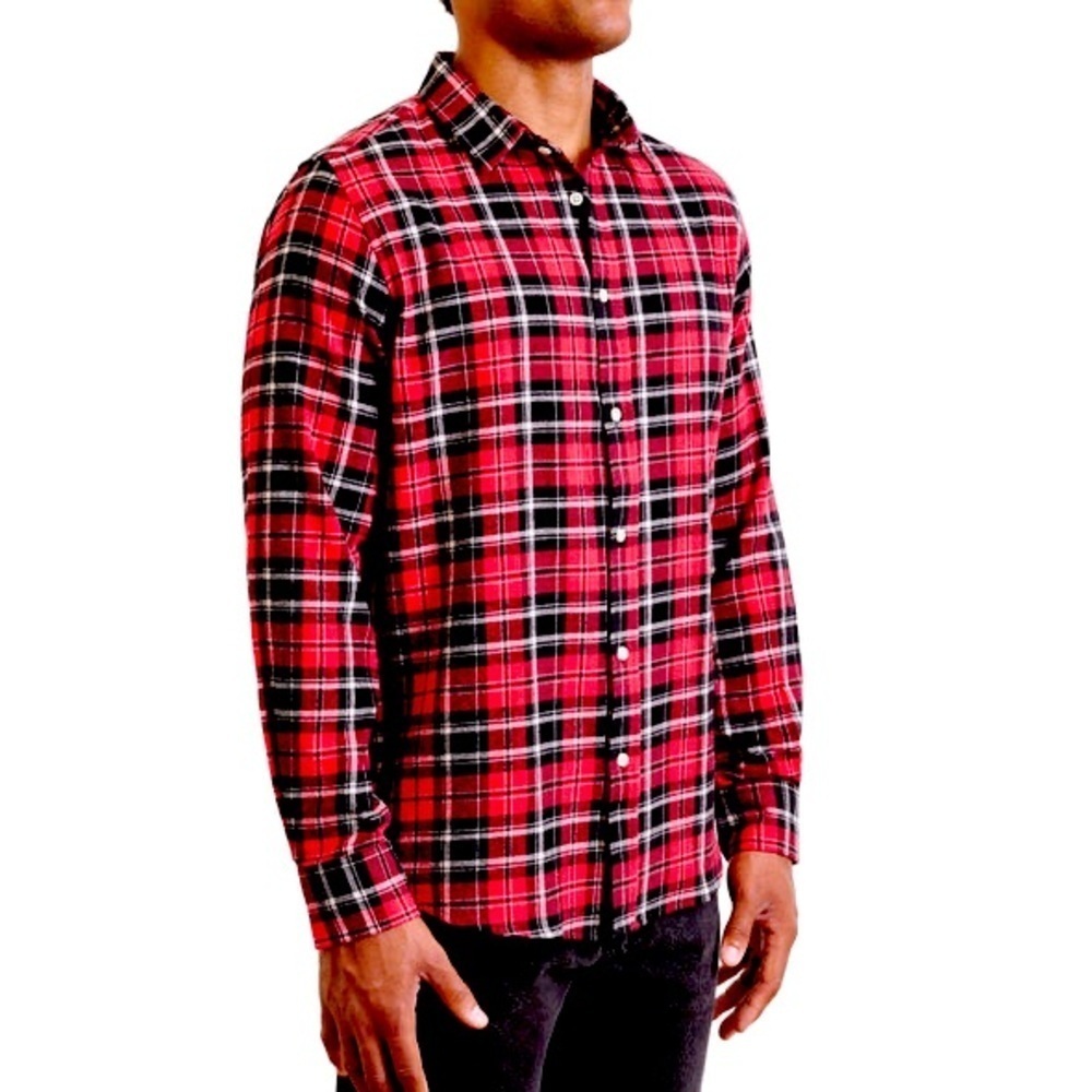 Hugo Valentino Red Plaid Cotton Flannel Shirt
